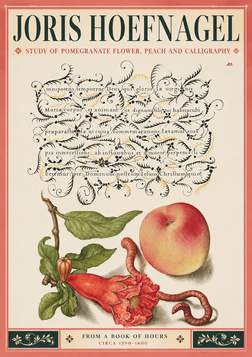 Joris Hoefnagel Study of Pomegranate Flower, Peach and Calligraphy from a Book of Hours No3 - Juliste