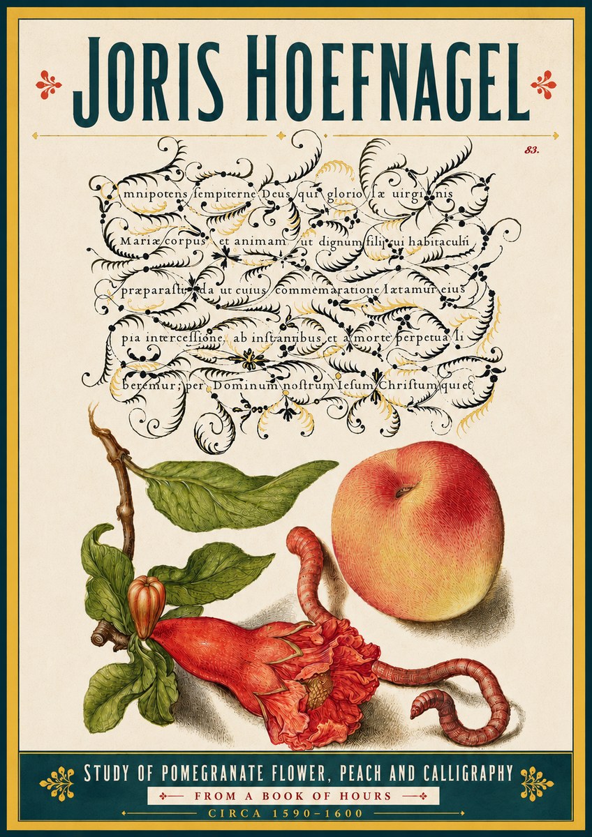 Joris Hoefnagel Study of Pomegranate Flower, Peach and Calligraphy from a Book of Hours No5 - Juliste
