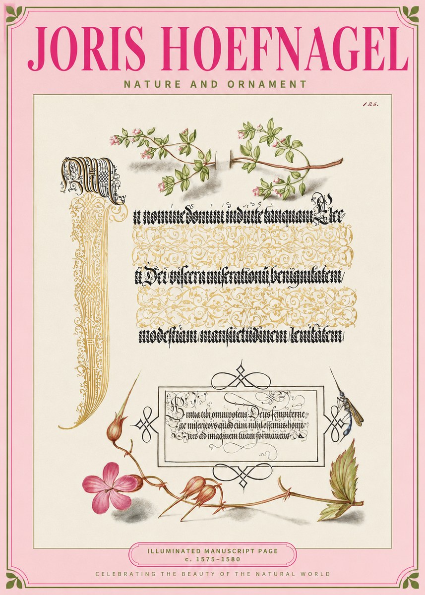Joris Hoefnagel Illuminated Manuscript Page with Flowers and Insect No2 - Juliste