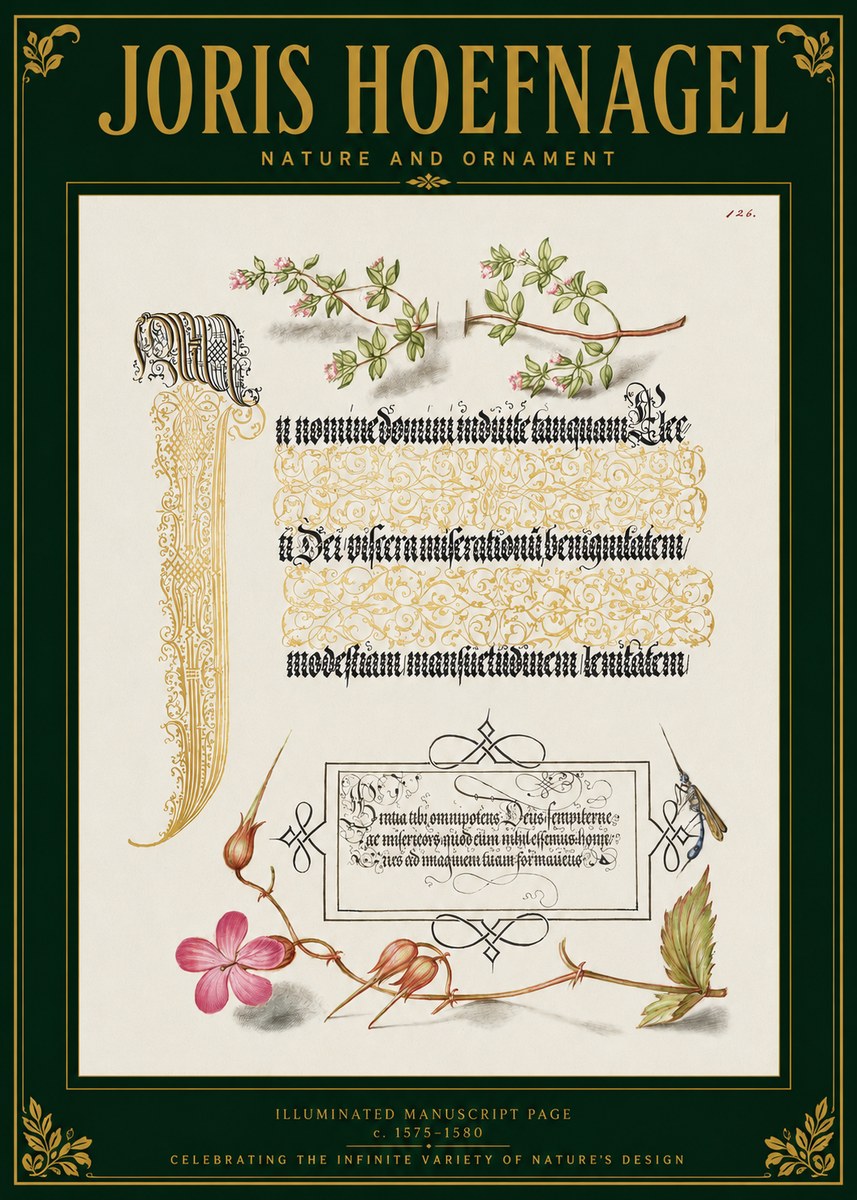 Joris Hoefnagel Illuminated Manuscript Page with Flowers and Insect No3 - Juliste