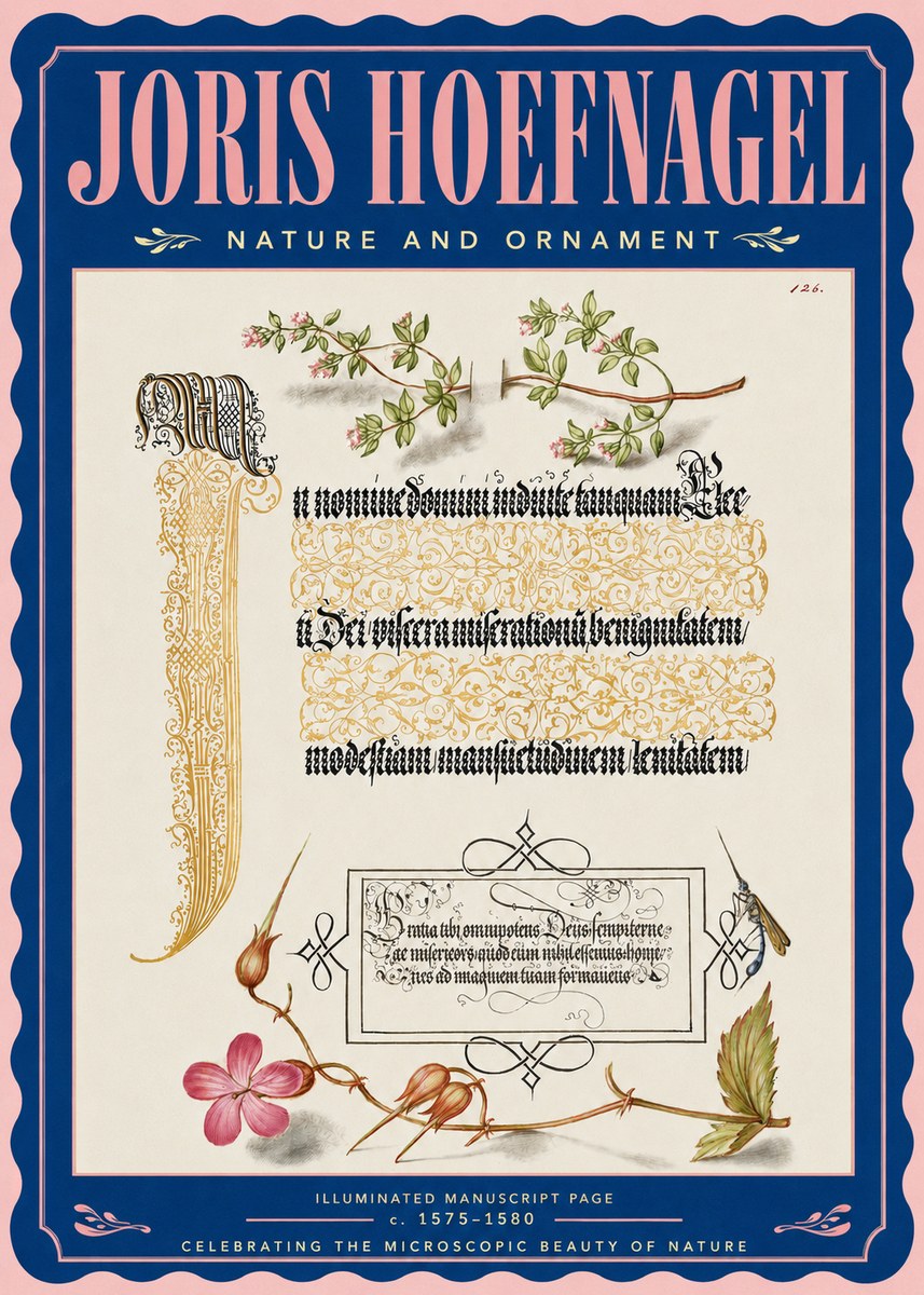 Joris Hoefnagel Illuminated Manuscript Page with Flowers and Insect No4 - Juliste