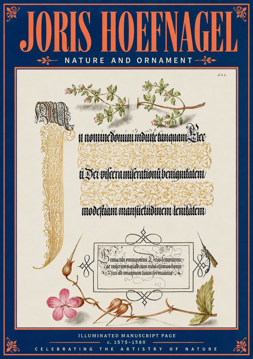 Joris Hoefnagel Illuminated Manuscript Page with Flowers and Insect No5 - Juliste