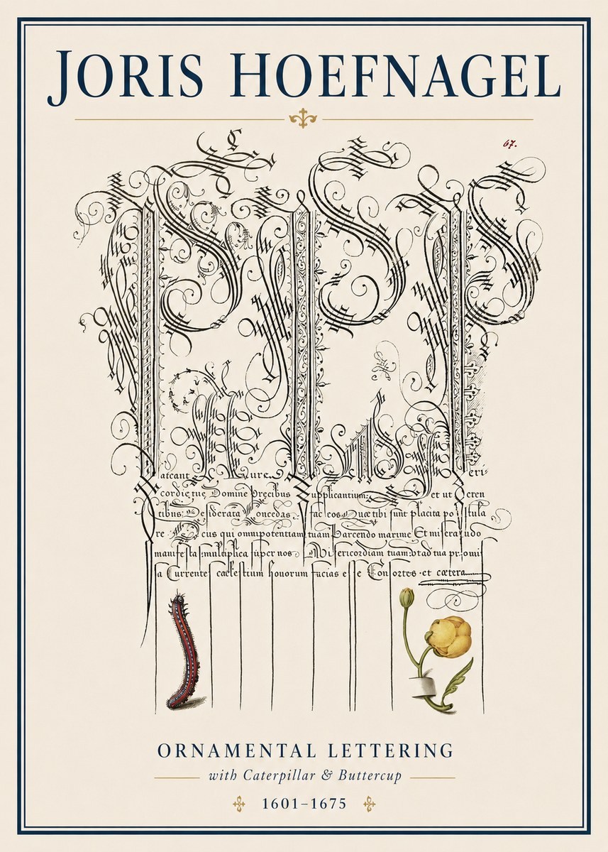 Joris Hoefnagel Ornamental Calligraphy with Caterpillar and Buttercup No4 - Juliste