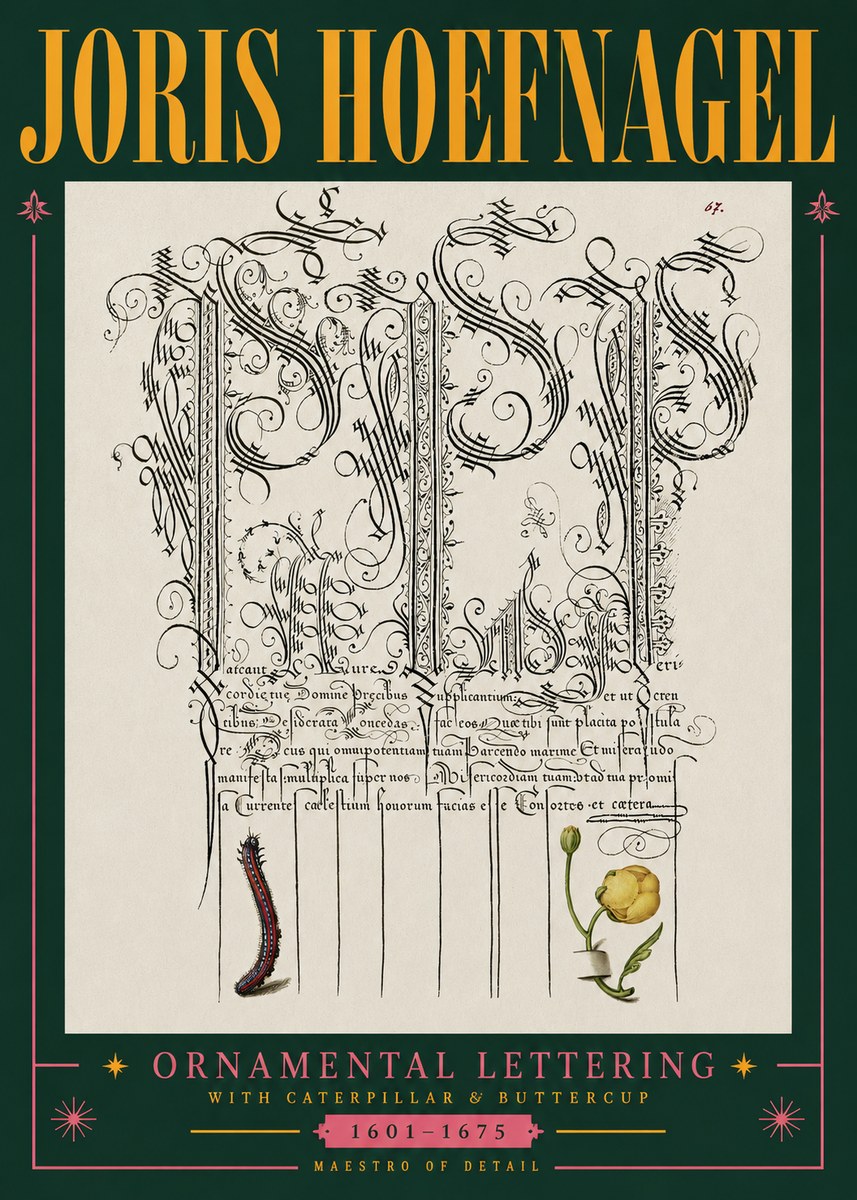 Joris Hoefnagel Ornamental Calligraphy with Caterpillar and Buttercup No5 - Juliste