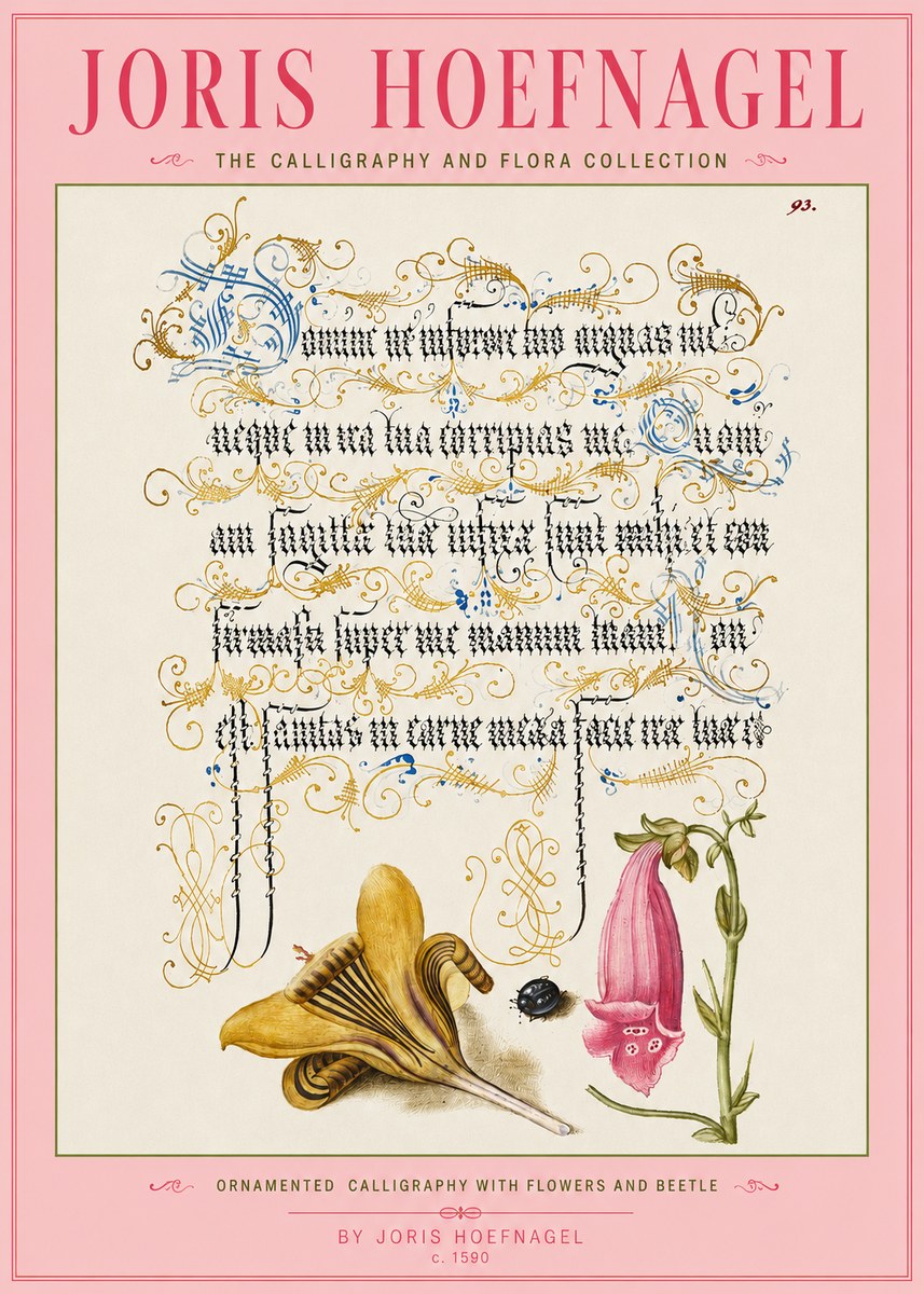 Joris Hoefnagel Ornamented Calligraphy with Flowers and Beetle No3 - Juliste