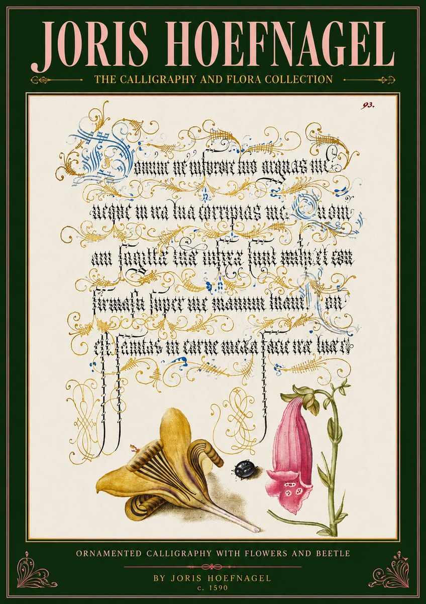 Joris Hoefnagel Ornamented Calligraphy with Flowers and Beetle No4 - Juliste