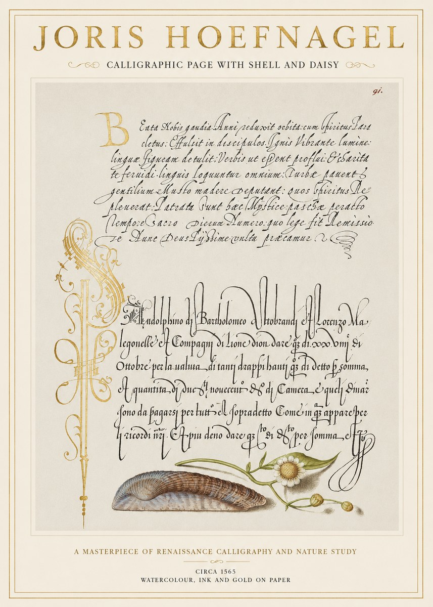 Joris Hoefnagel Calligraphic Page with Shell and Daisy No1 - Juliste