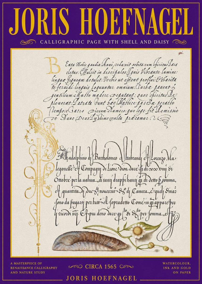 Joris Hoefnagel Calligraphic Page with Shell and Daisy No3 - Juliste