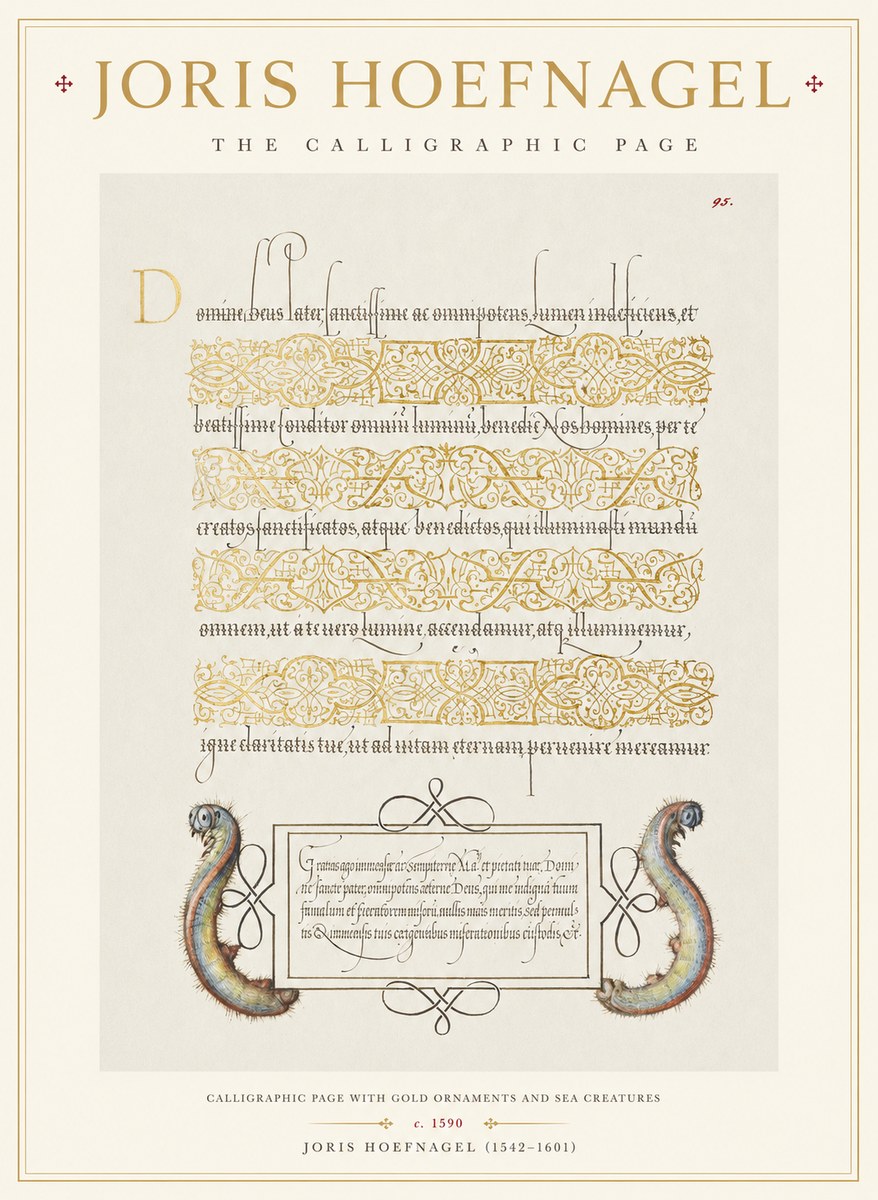 Joris Hoefnagel Calligraphic Page with Gold Ornaments and Sea Creatures No1 - Juliste