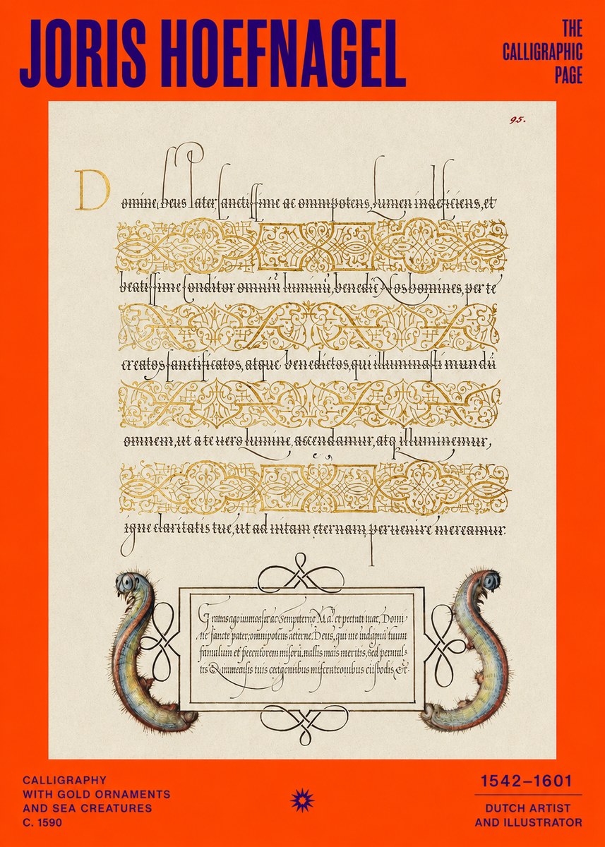 Joris Hoefnagel Calligraphic Page with Gold Ornaments and Sea Creatures No2 - Juliste