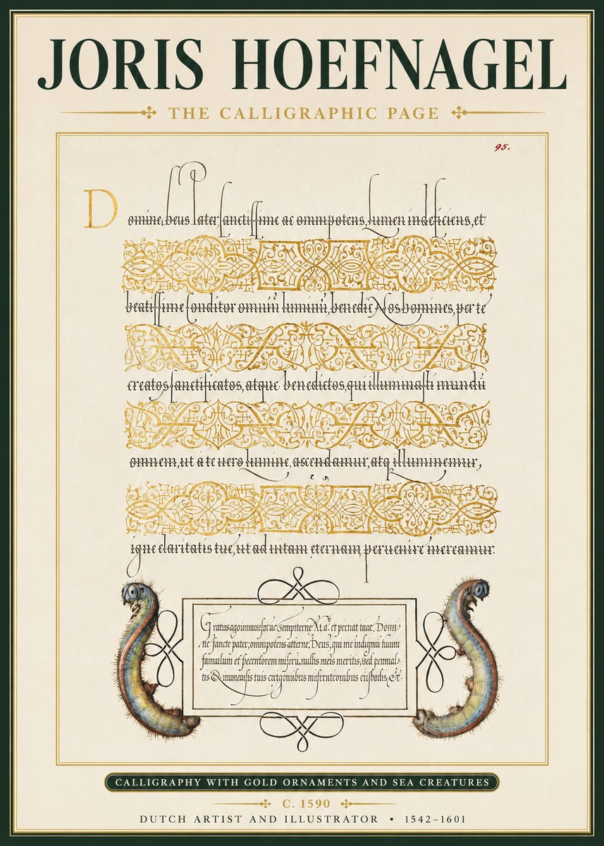 Joris Hoefnagel Calligraphic Page with Gold Ornaments and Sea Creatures No3 - Juliste