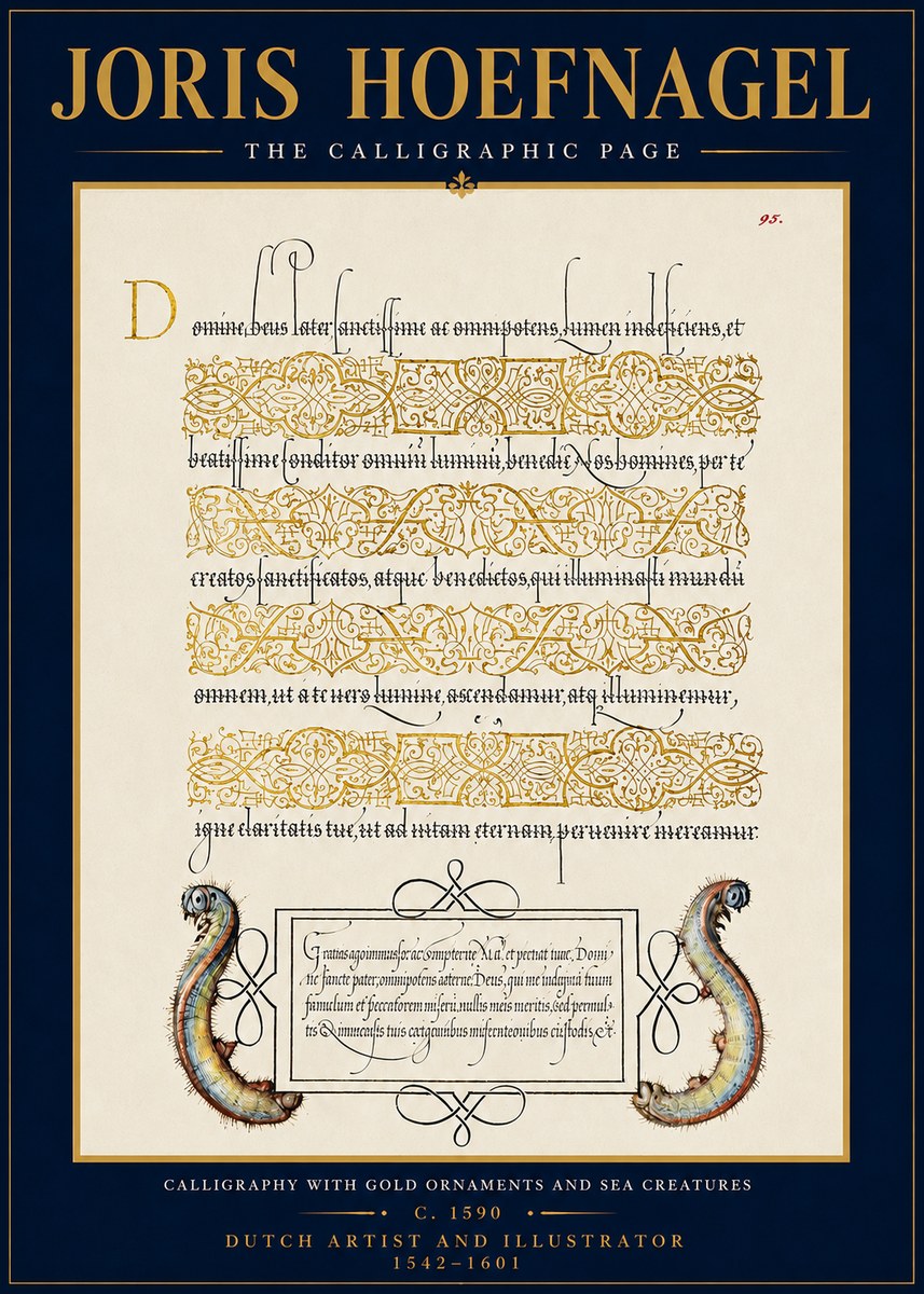 Joris Hoefnagel Calligraphic Page with Gold Ornaments and Sea Creatures No4 - Juliste