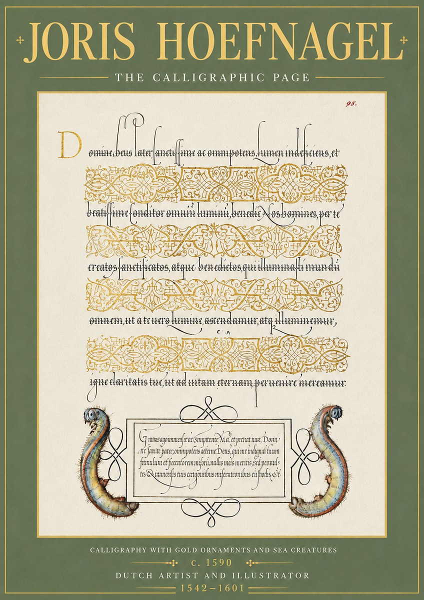 Joris Hoefnagel Calligraphic Page with Gold Ornaments and Sea Creatures No5 - Juliste