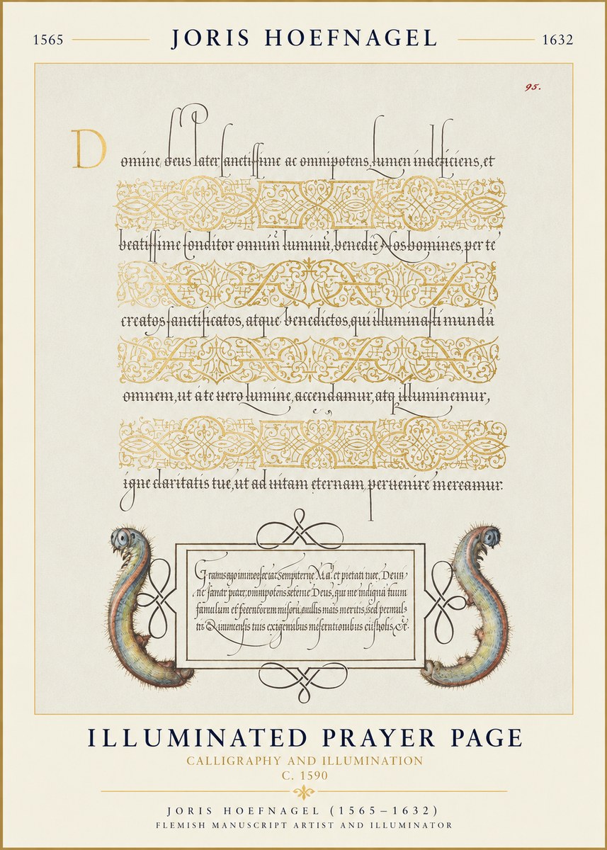 Joris Hoefnagel Calligraphic Page with Gold Ornaments and Sea Creatures No6 - Juliste