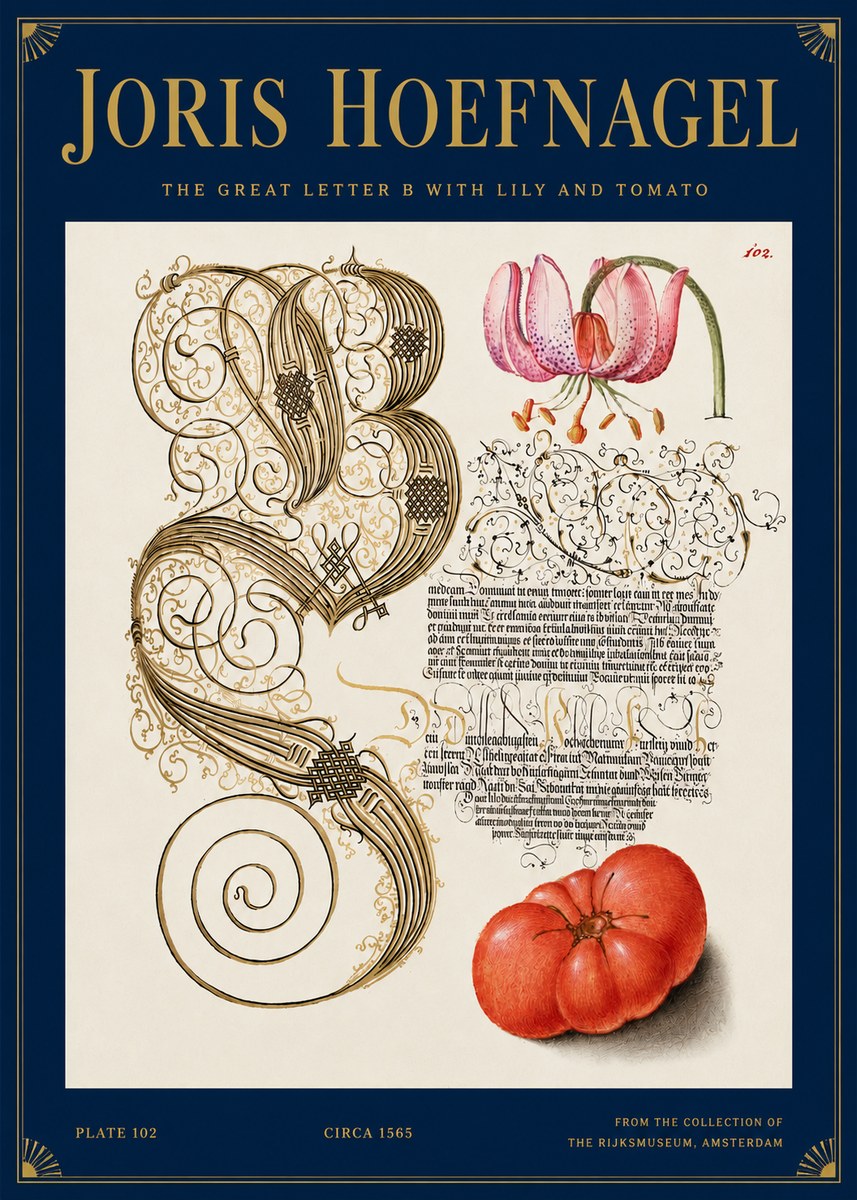 Joris Hoefnagel The Great Letter B with Lily and Tomato No3 - Juliste