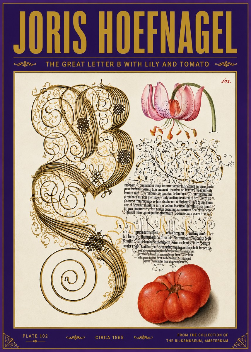Joris Hoefnagel The Great Letter B with Lily and Tomato No6 - Juliste