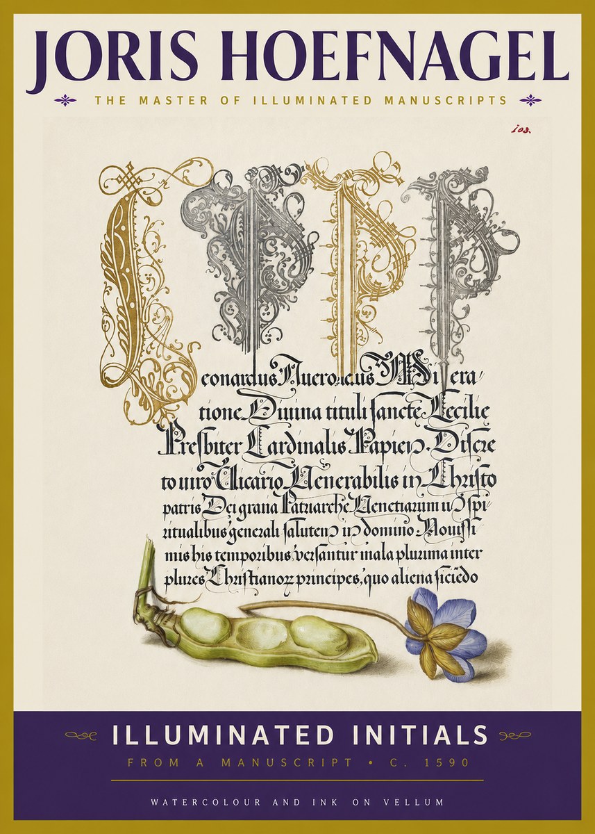 Joris Hoefnagel Illuminated Initials with Peapod and Flower No3 - Juliste