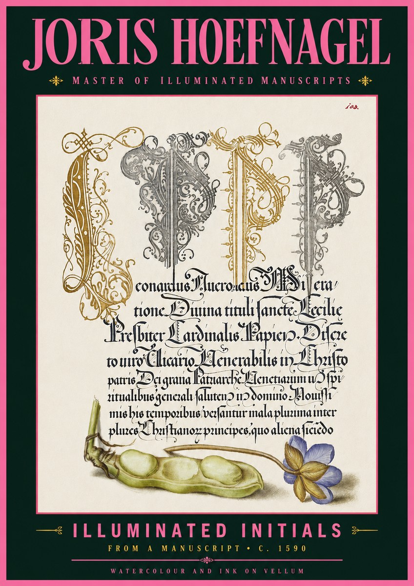 Joris Hoefnagel Illuminated Initials with Peapod and Flower No6 - Juliste