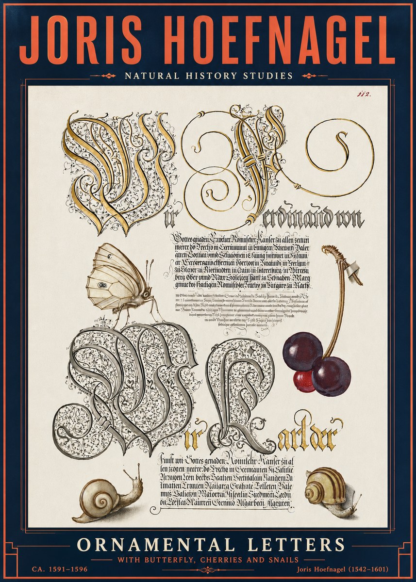 Joris Hoefnagel Ornamental Letters with Butterfly, Cherries and Snails No6 - Juliste