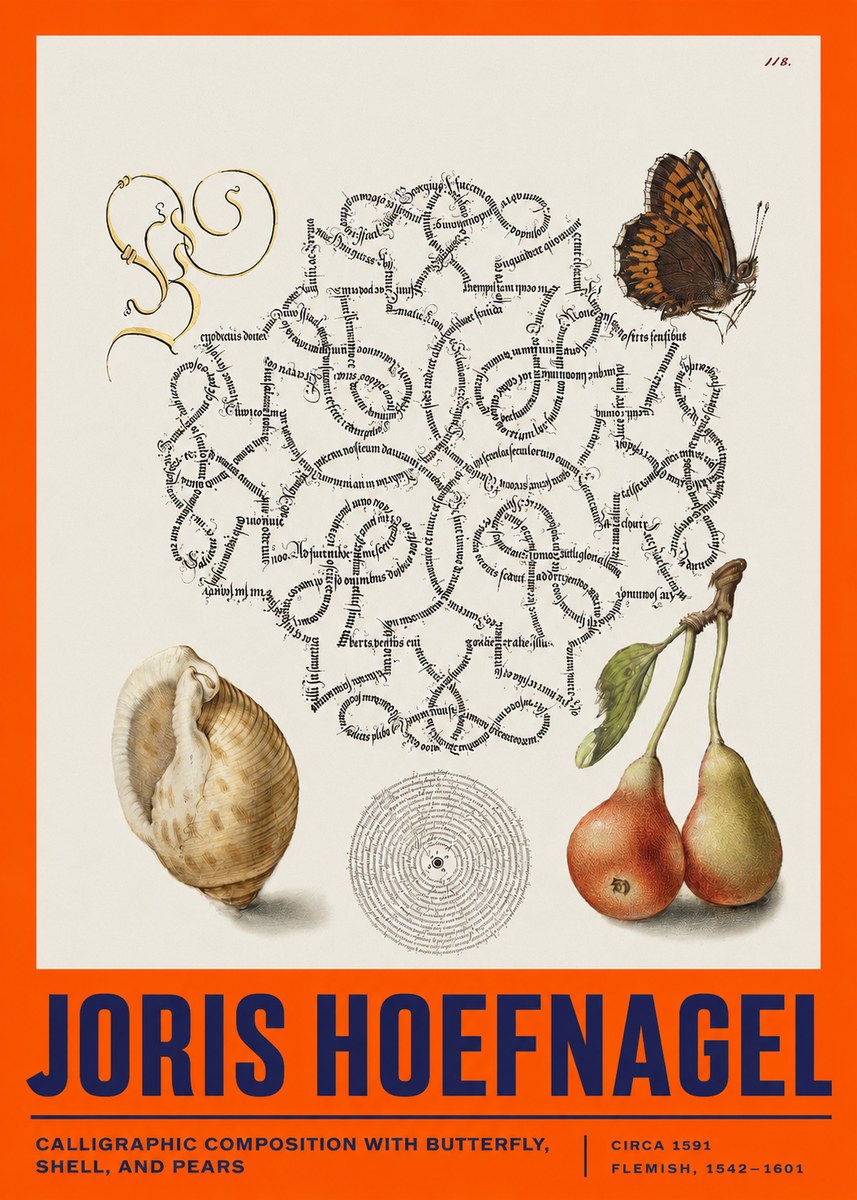 Joris Hoefnagel Calligraphic Composition with Butterfly, Shell, and Pears No2 - Juliste