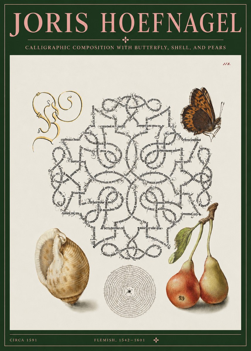 Joris Hoefnagel Calligraphic Composition with Butterfly, Shell, and Pears No3 - Juliste