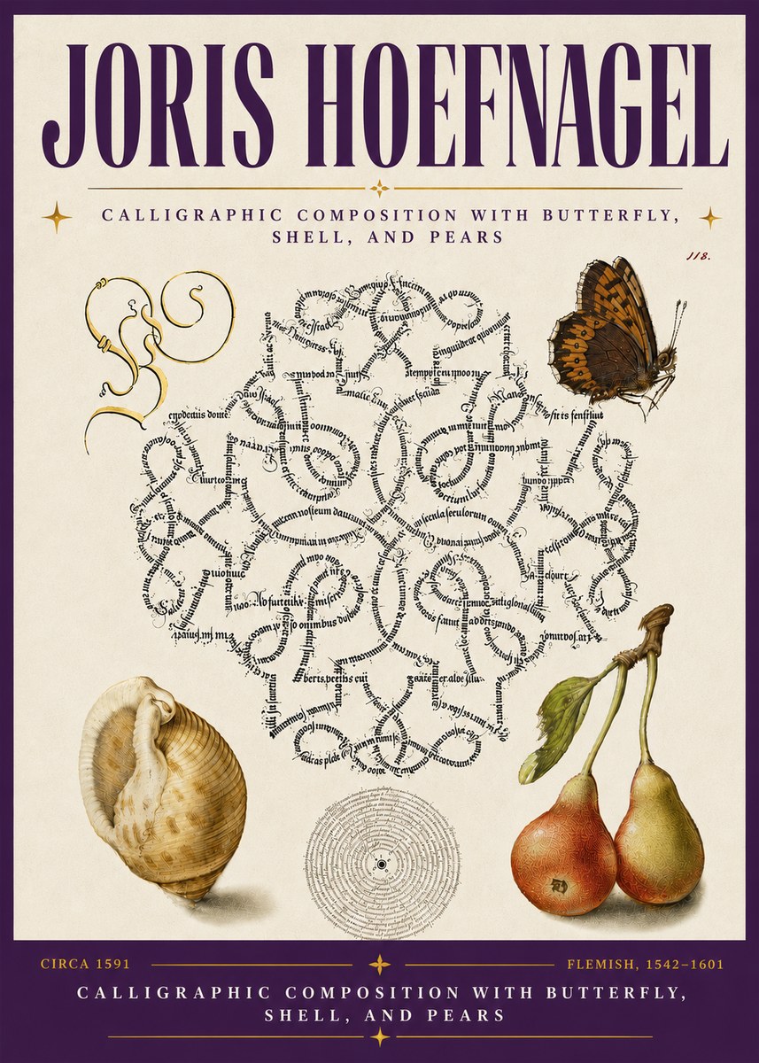 Joris Hoefnagel Calligraphic Composition with Butterfly, Shell, and Pears No6 - Juliste
