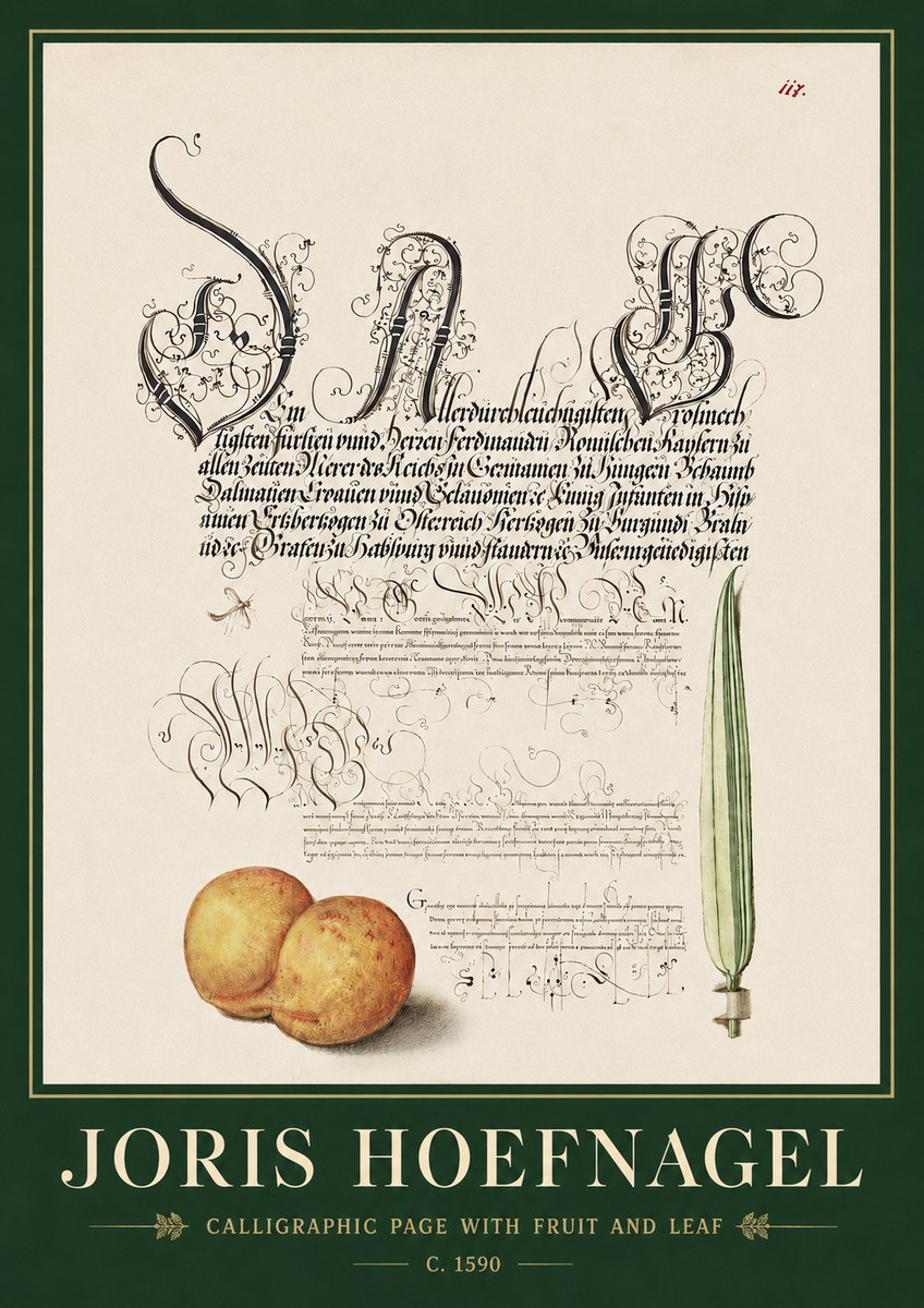 Joris Hoefnagel Calligraphic Page with Fruit and Leaf No3 - Juliste