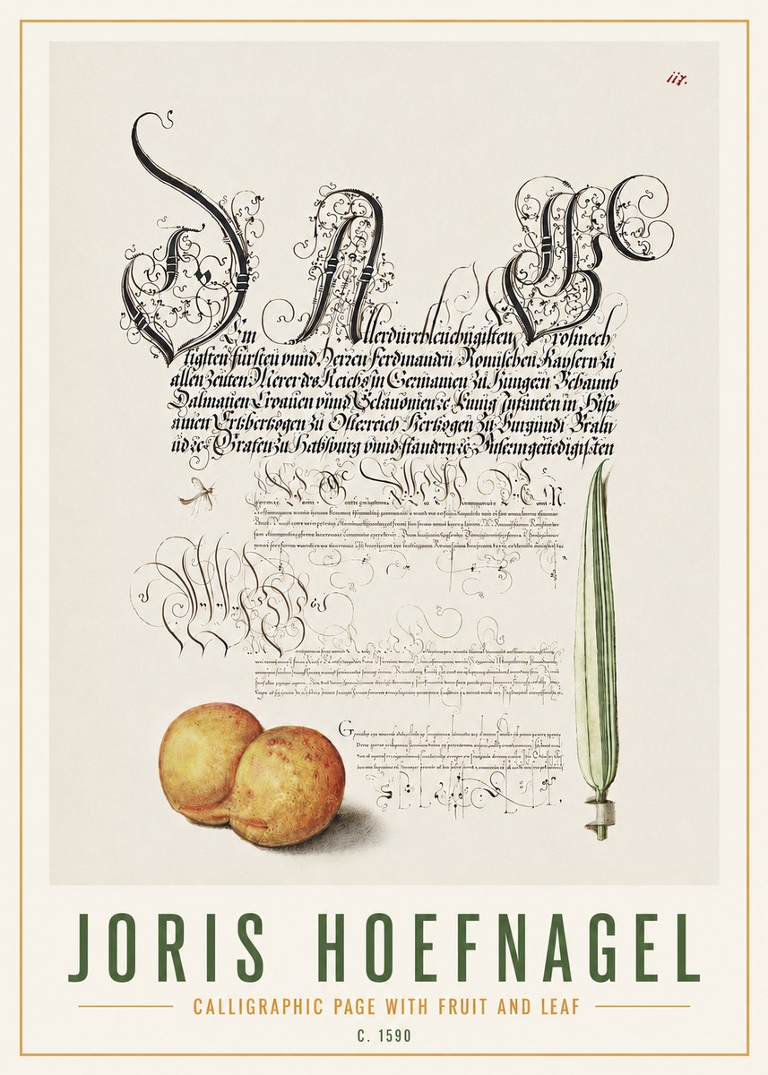 Joris Hoefnagel Calligraphic Page with Fruit and Leaf No4 - Juliste