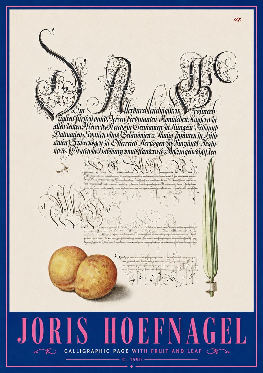 Joris Hoefnagel Calligraphic Page with Fruit and Leaf No5 - Juliste
