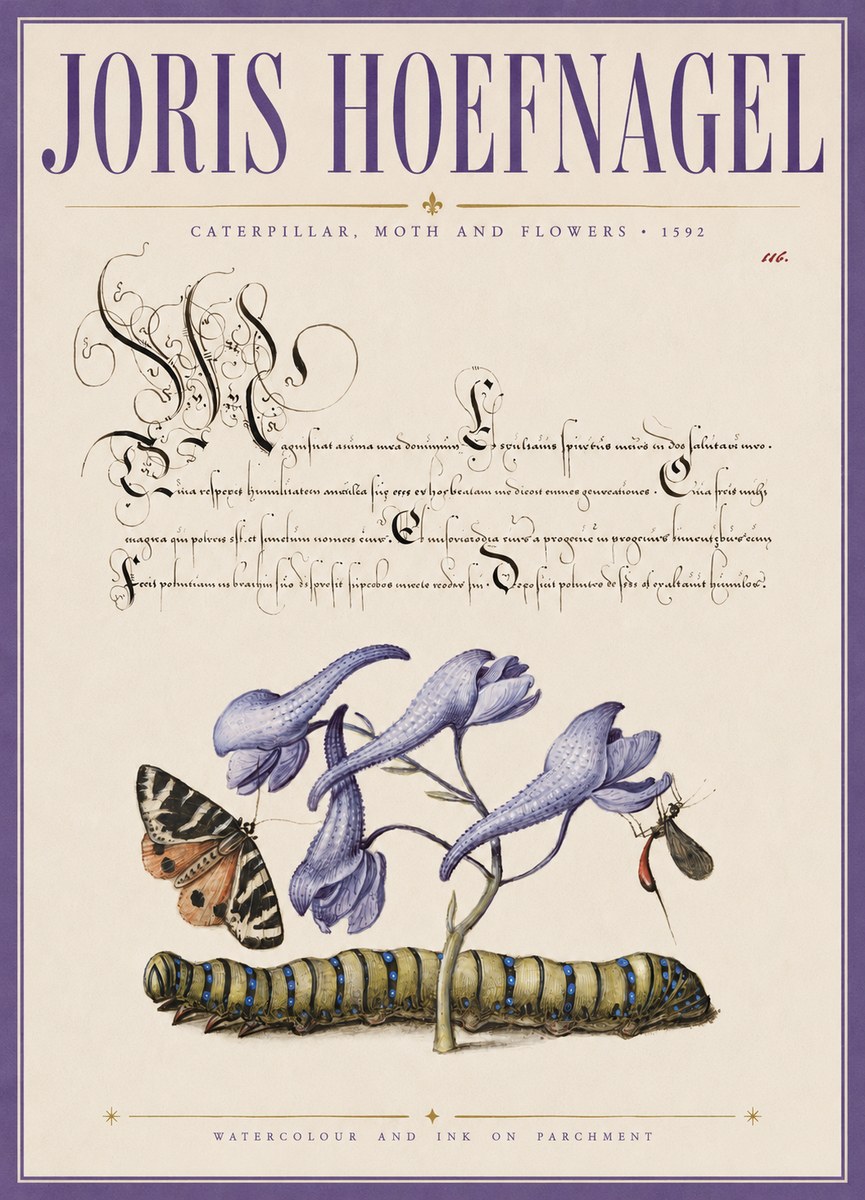 Joris Hoefnagel Caterpillar, Moth and Flowers No3 - Juliste
