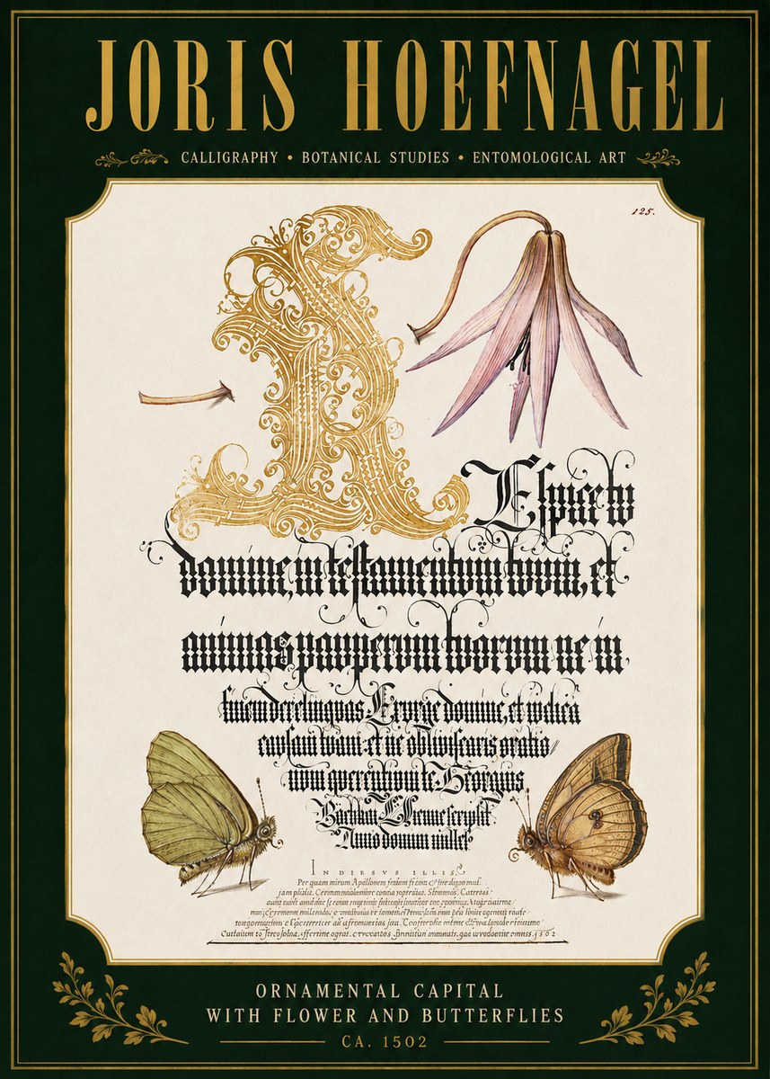 Joris Hoefnagel Ornamental Capital with Flower and Butterflies No4 - Juliste