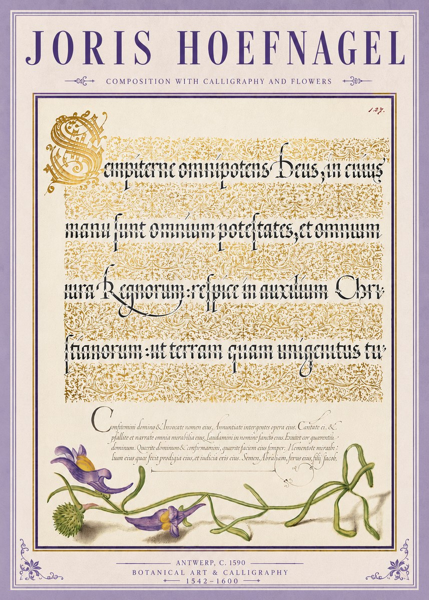 Joris Hoefnagel Composition with Calligraphy and Flowers No4 - Juliste