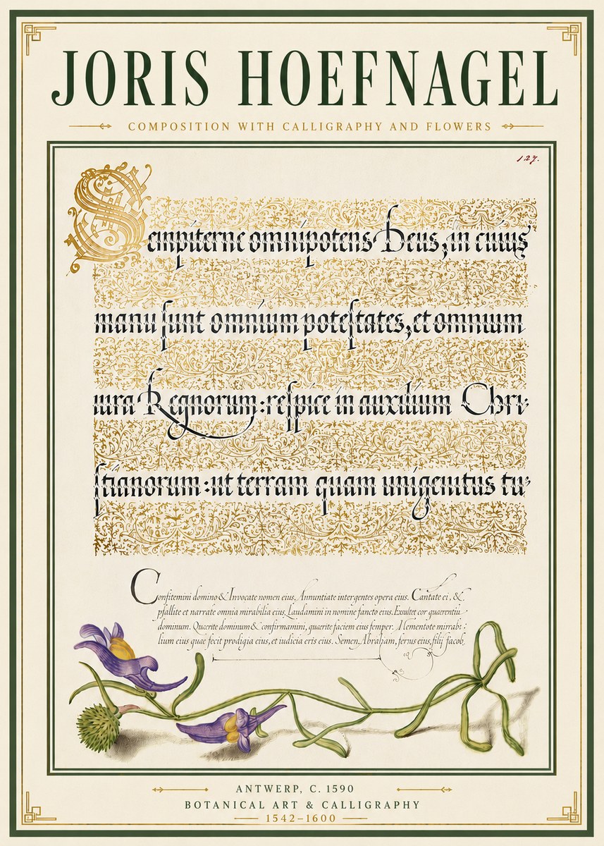 Joris Hoefnagel Composition with Calligraphy and Flowers No6 - Juliste