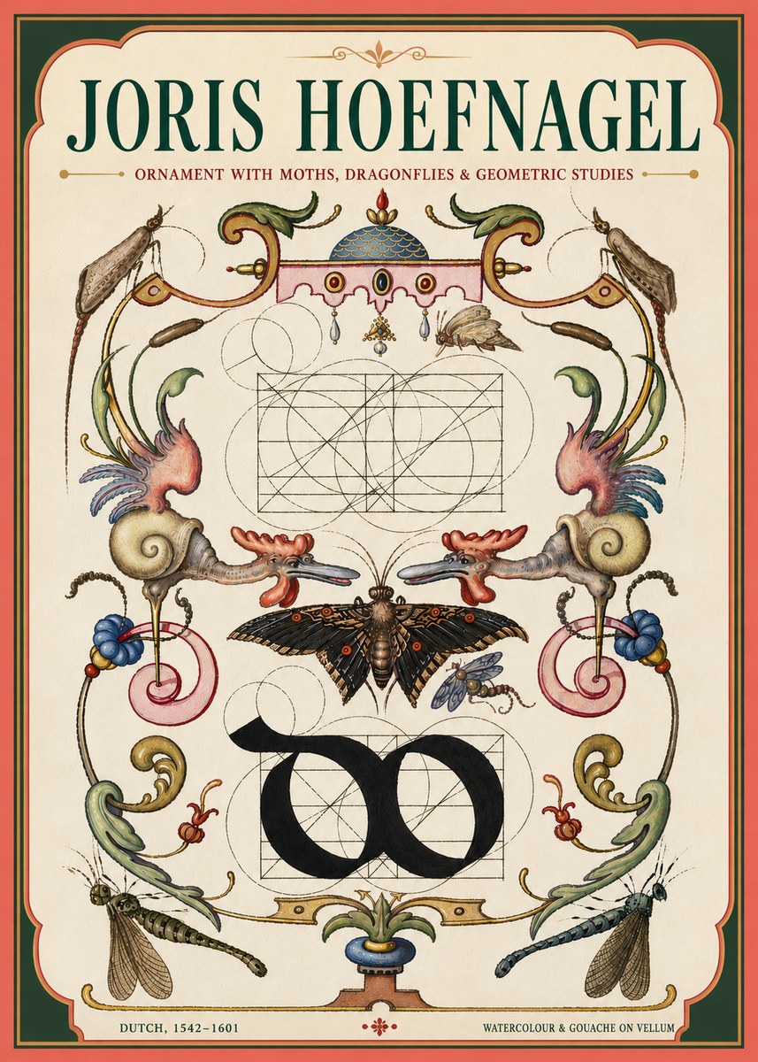 Joris Hoefnagel Ornament with Moths, Dragonflies & Geometric Studies No4 - Juliste
