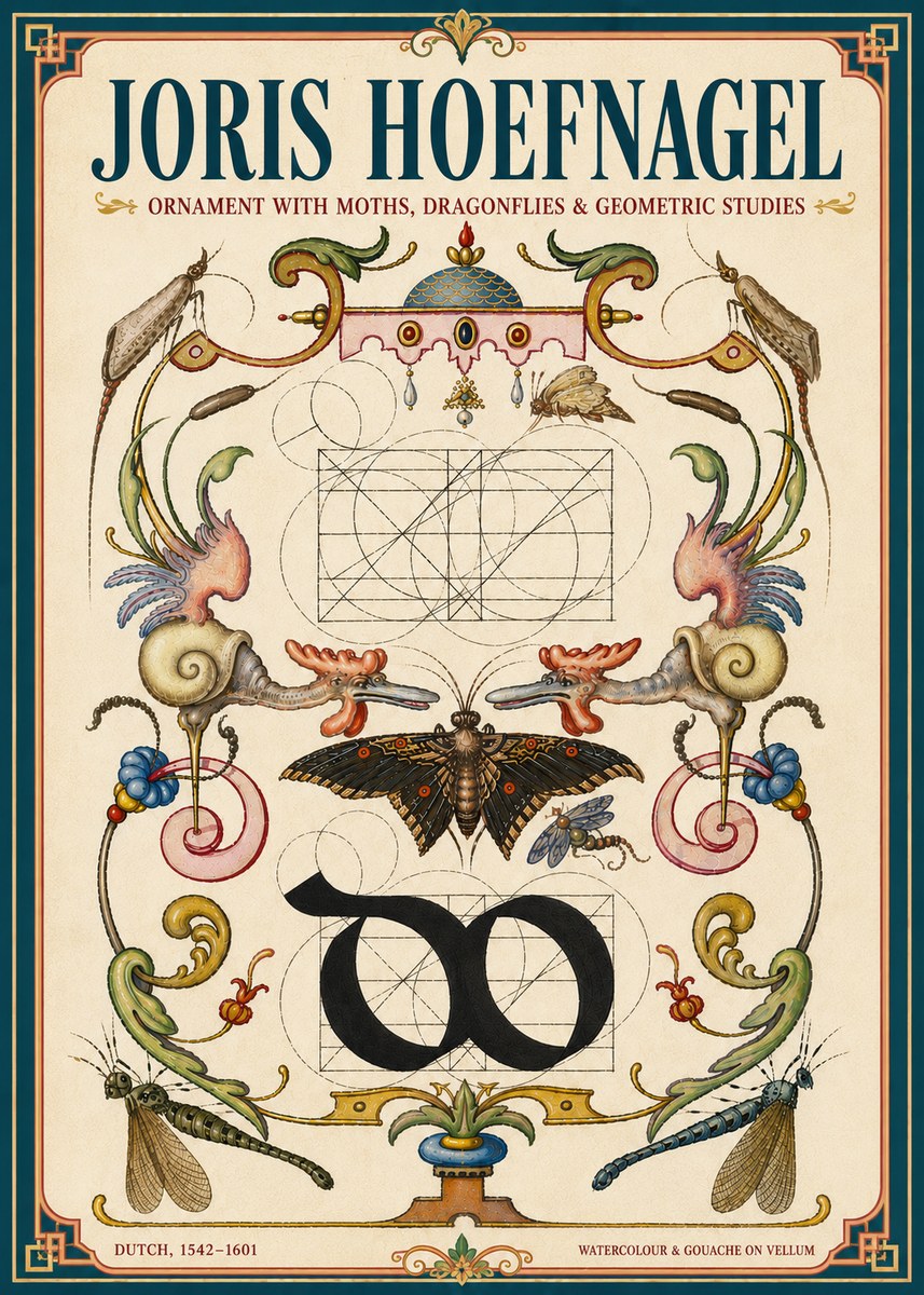 Joris Hoefnagel Ornament with Moths, Dragonflies & Geometric Studies No6 - Juliste