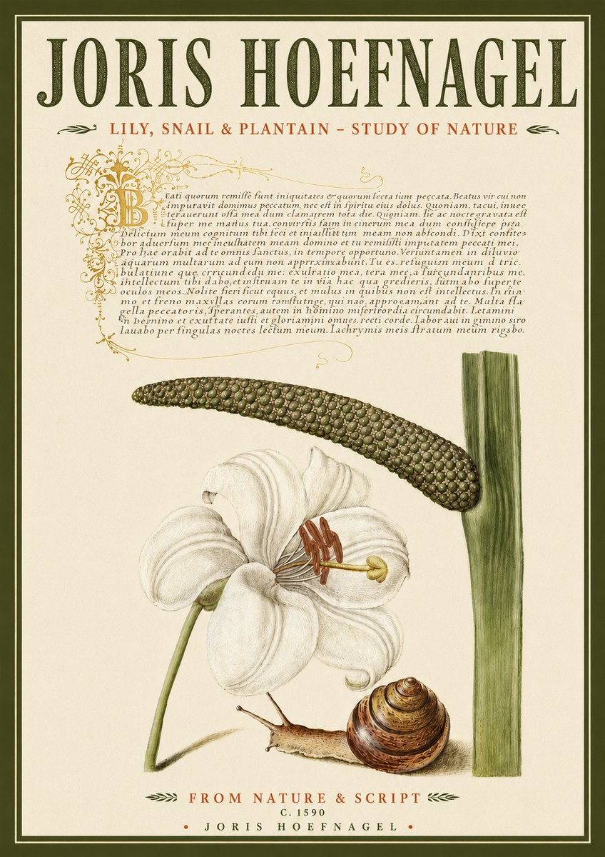 Joris Hoefnagel Lily, Snail & Plantain - Study of Nature No4 - Juliste