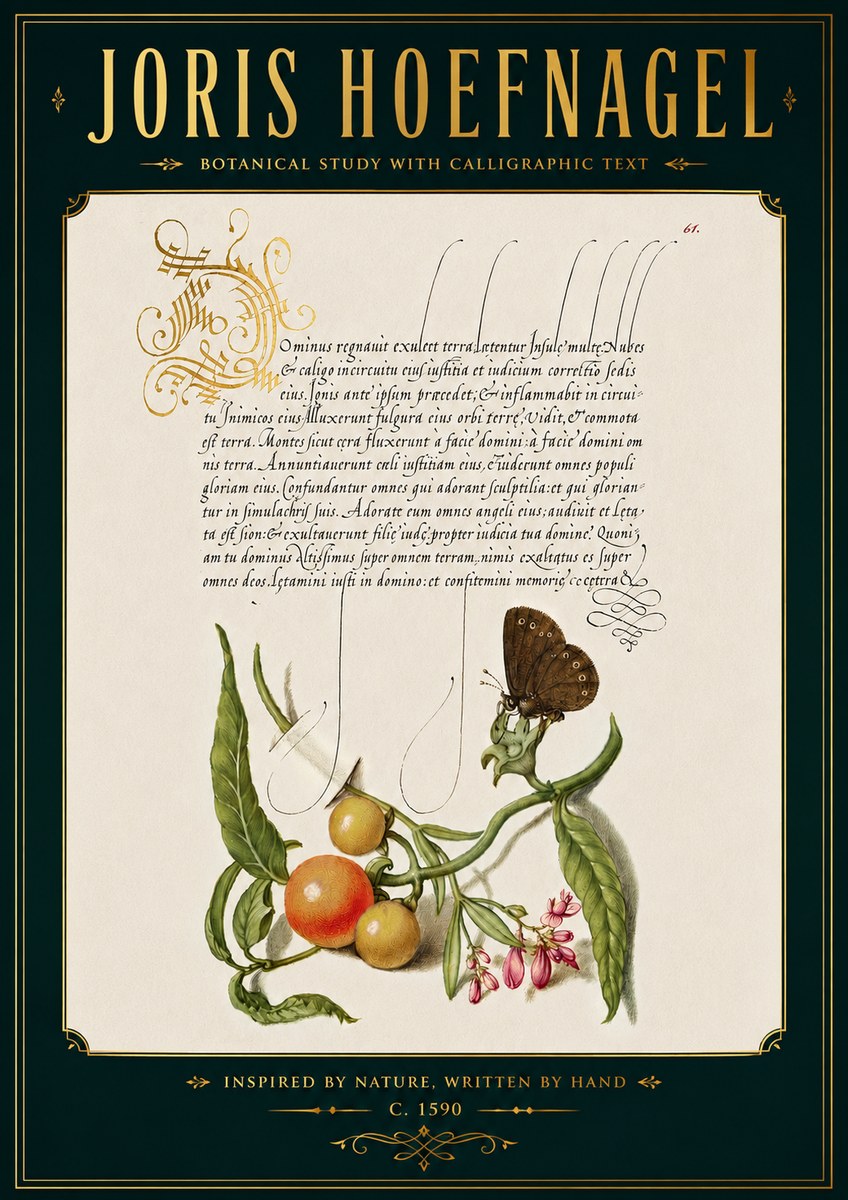 Joris Hoefnagel Botanical Study with Calligraphic Text No5 - Juliste