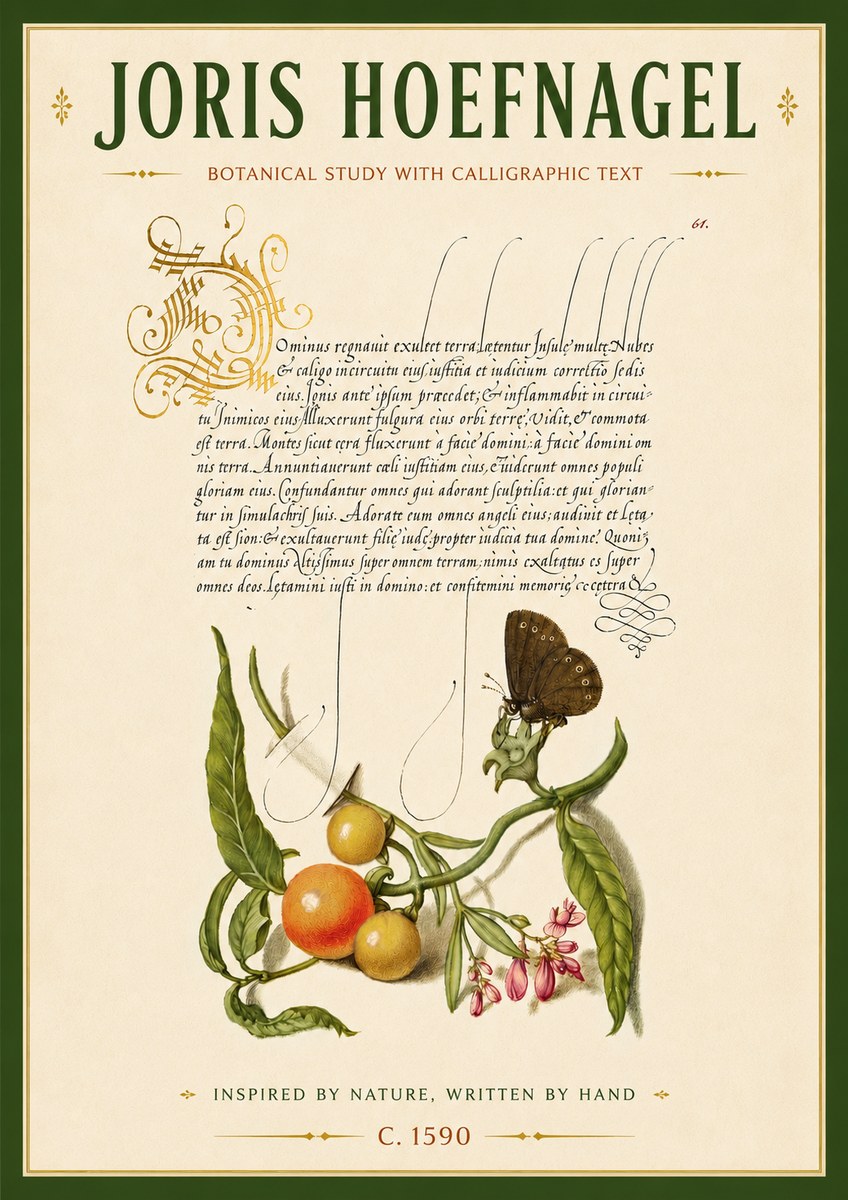 Joris Hoefnagel Botanical Study with Calligraphic Text No6 - Juliste