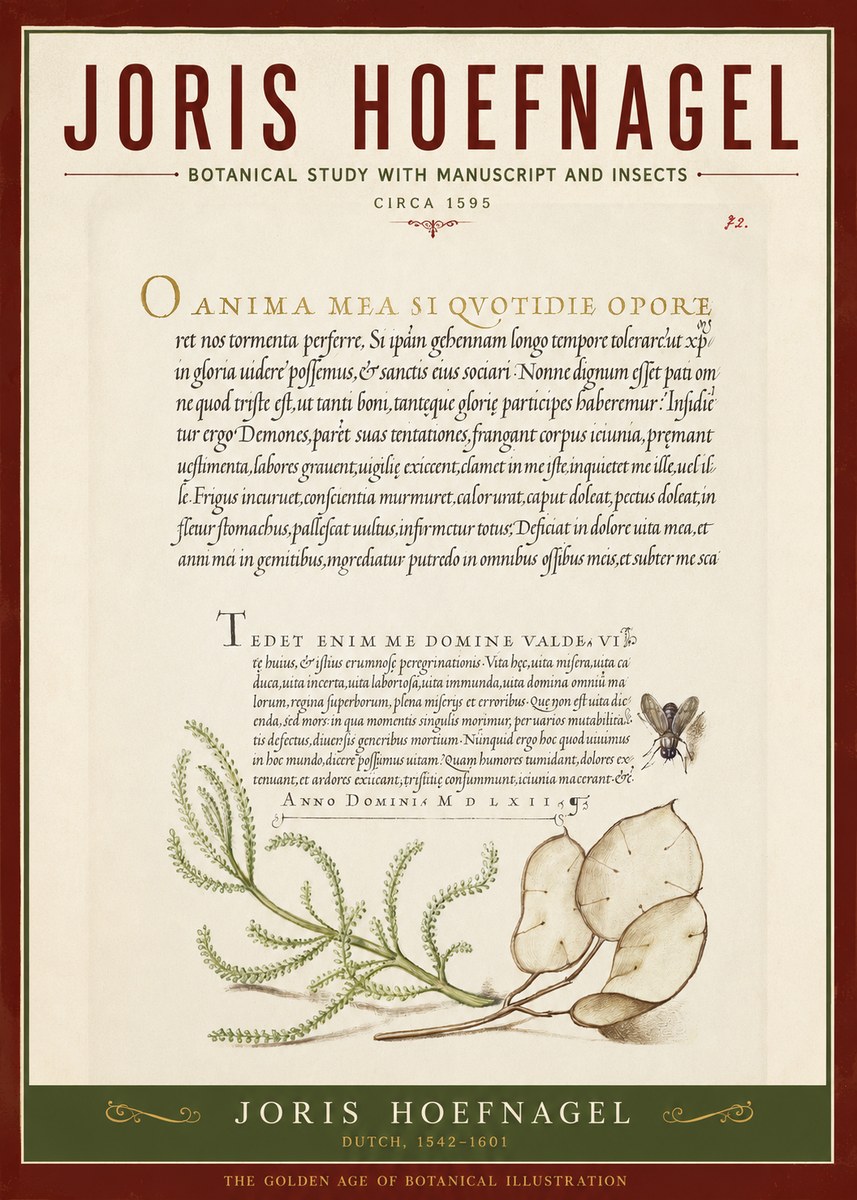 Joris Hoefnagel Botanical Study with Manuscript and Insects No2 - Juliste