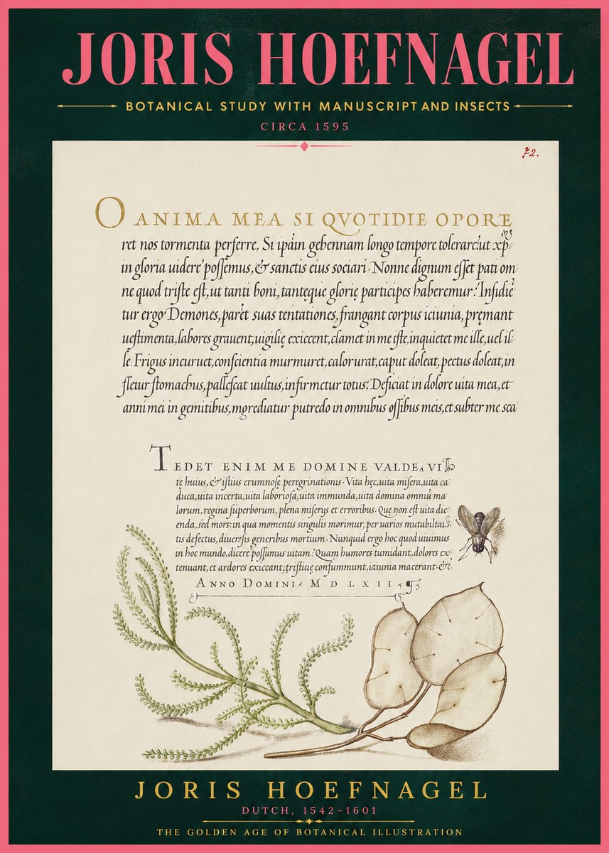 Joris Hoefnagel Botanical Study with Manuscript and Insects No4 - Juliste