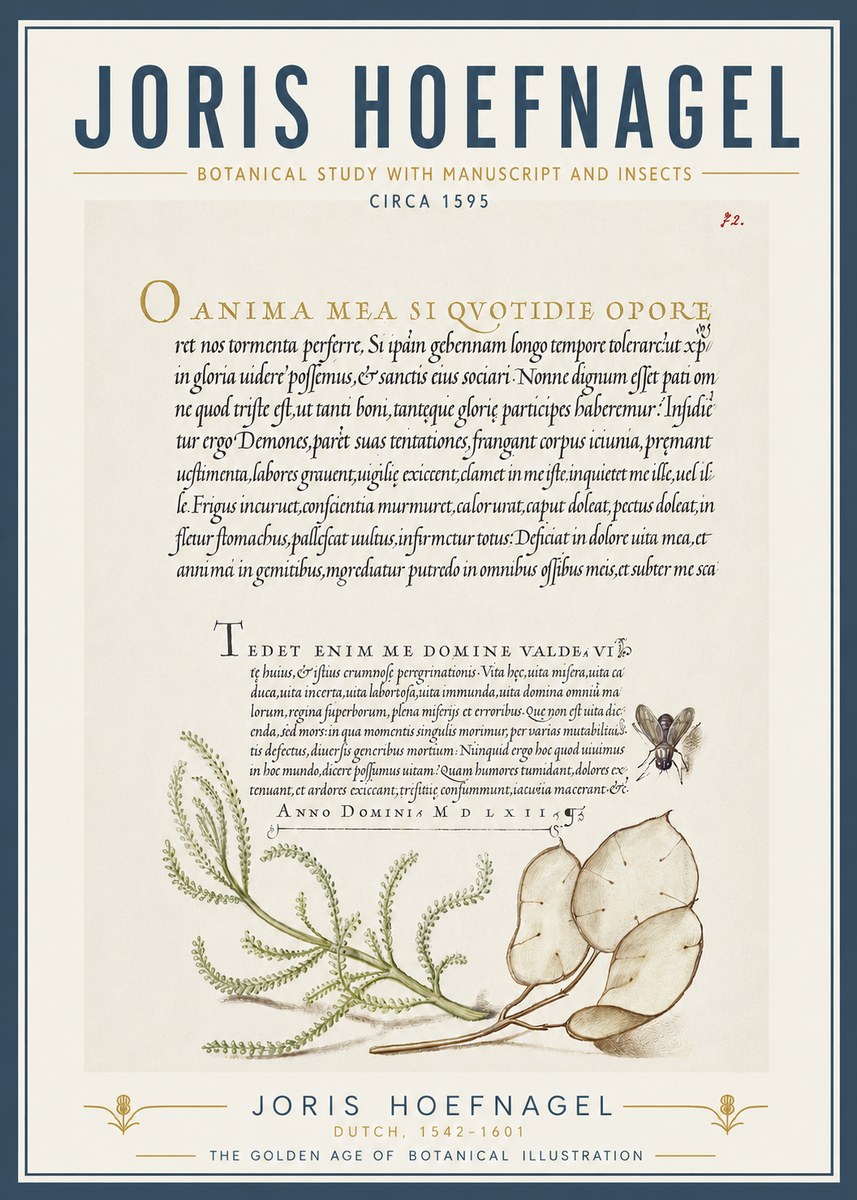 Joris Hoefnagel Botanical Study with Manuscript and Insects No5 - Juliste