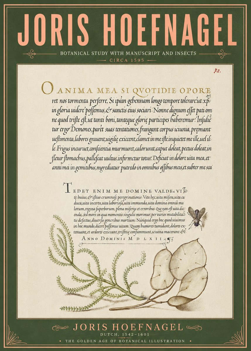 Joris Hoefnagel Botanical Study with Manuscript and Insects No6 - Juliste