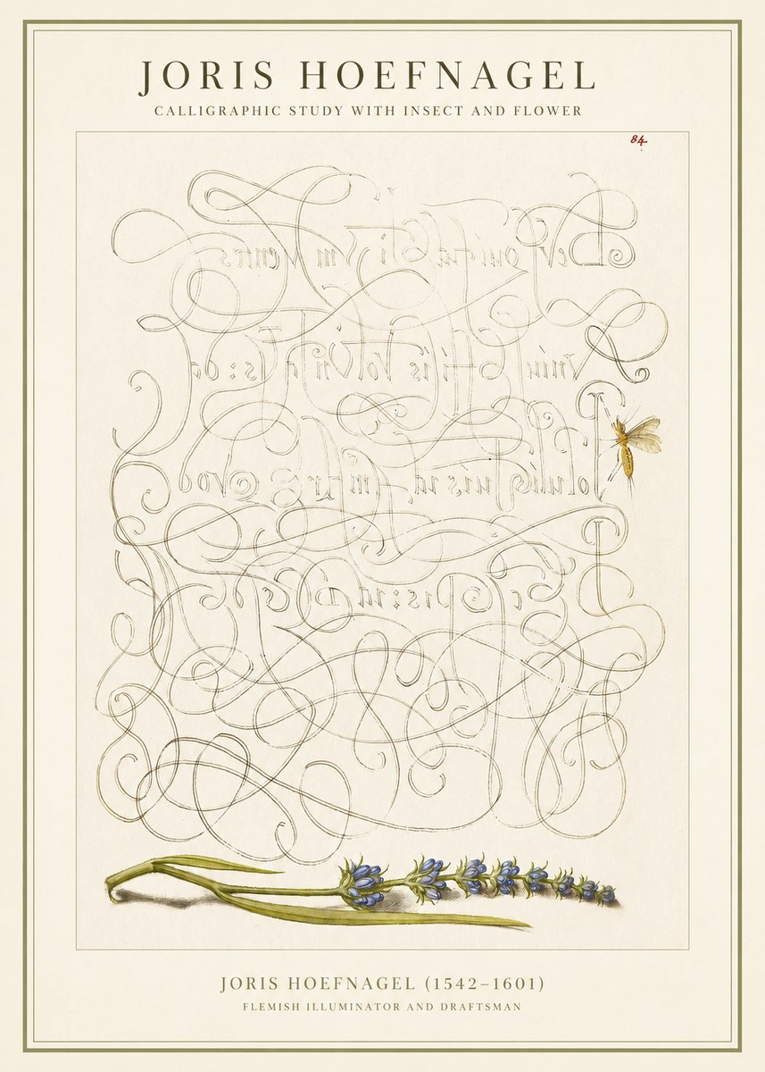 Joris Hoefnagel Calligraphic Study with Insect and Flower No1 - Juliste