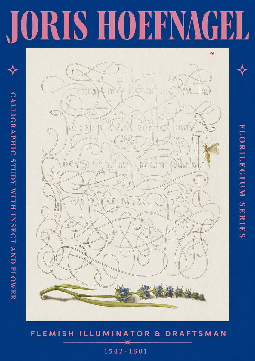 Joris Hoefnagel Calligraphic Study with Insect and Flower No2 - Juliste