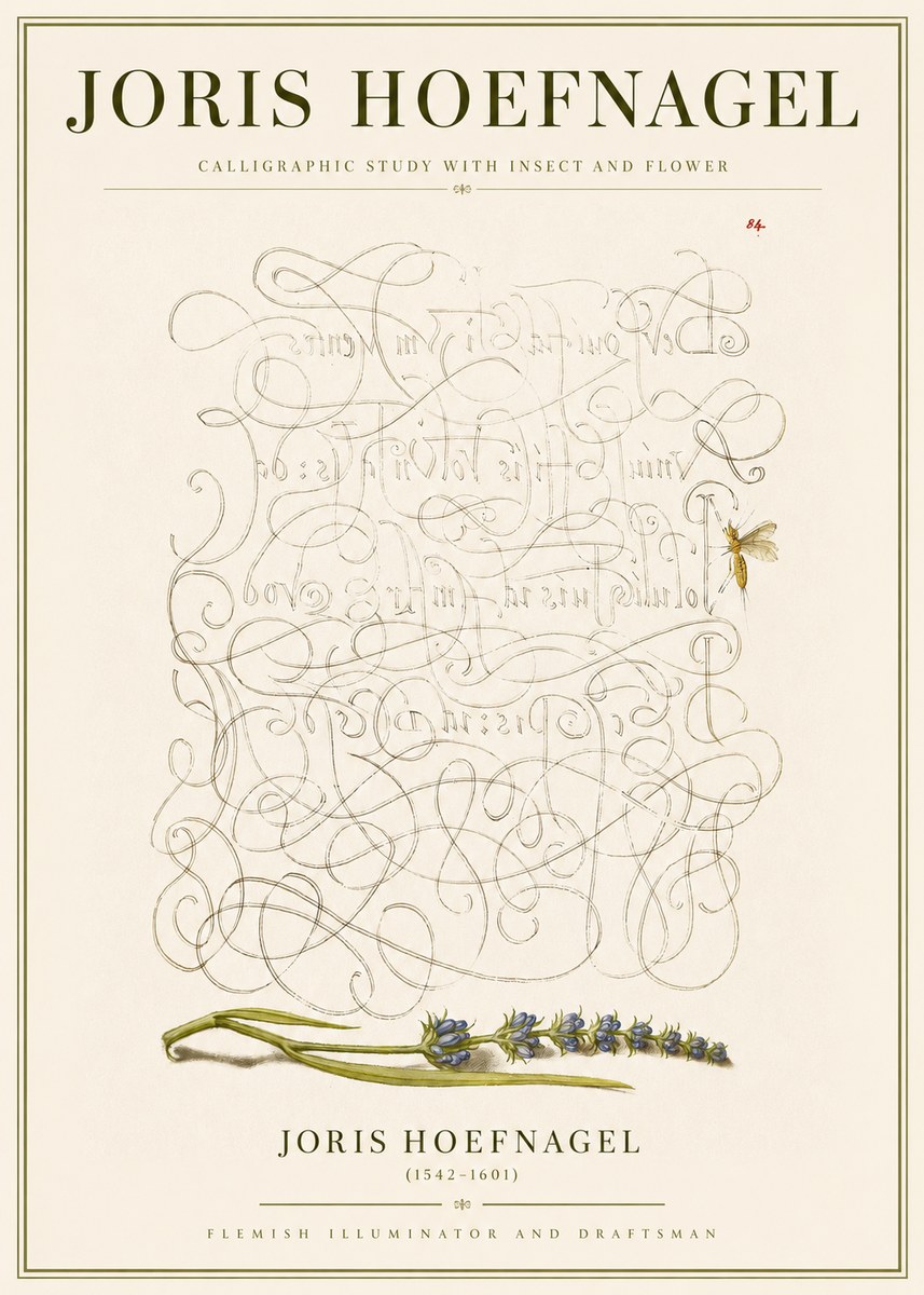 Joris Hoefnagel Calligraphic Study with Insect and Flower No3 - Juliste