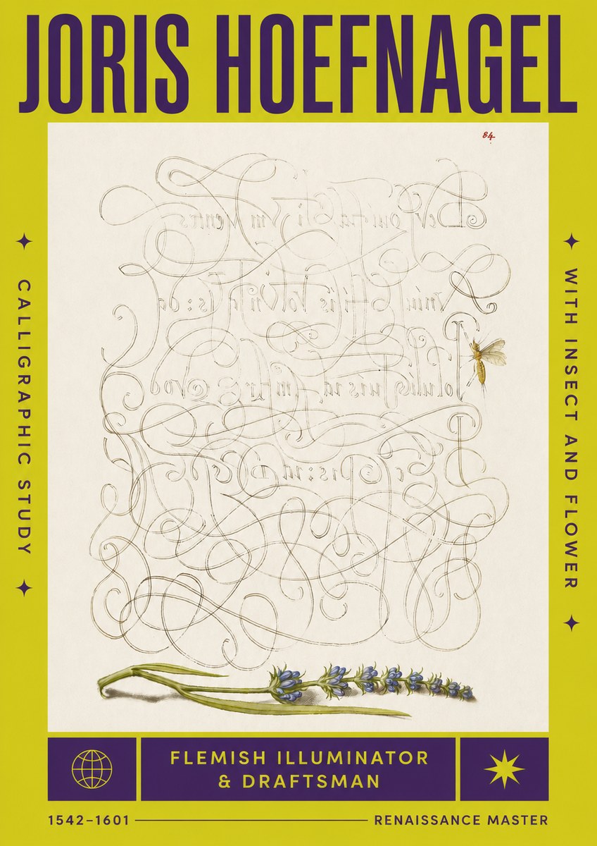 Joris Hoefnagel Calligraphic Study with Insect and Flower No4 - Juliste