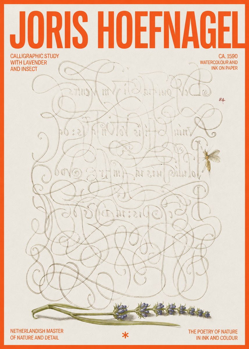 Joris Hoefnagel Calligraphic Study with Insect and Flower No6 - Juliste