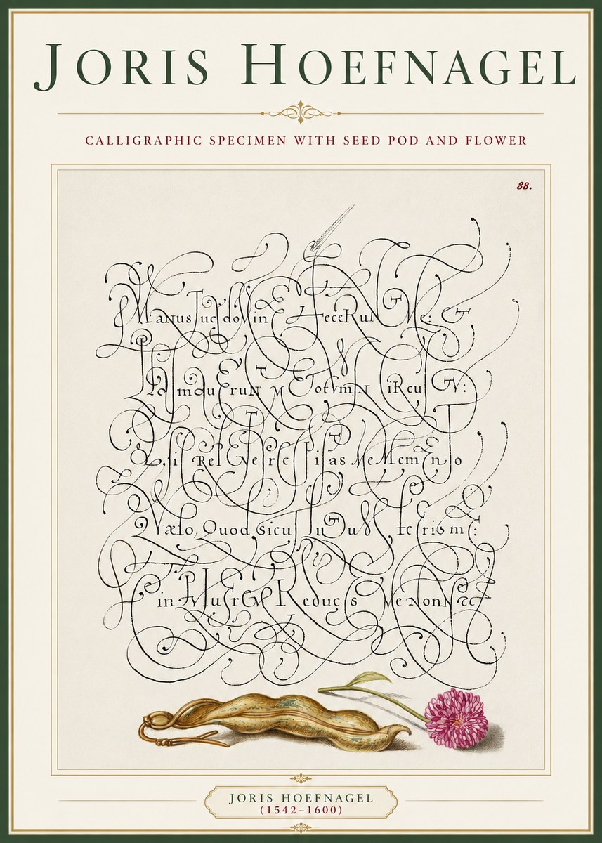Joris Hoefnagel Calligraphic Specimen with Seed Pod and Flower No3 - Juliste