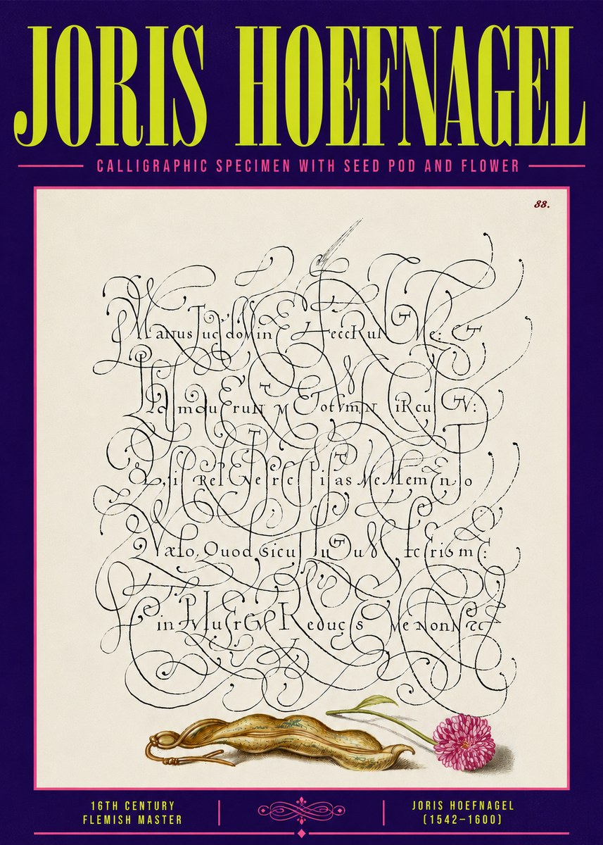 Joris Hoefnagel Calligraphic Specimen with Seed Pod and Flower No6 - Juliste