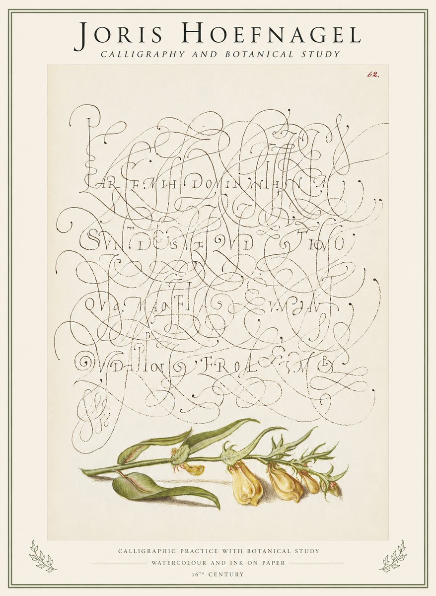 Joris Hoefnagel Calligraphic Practice with Botanical Study No1 - Juliste